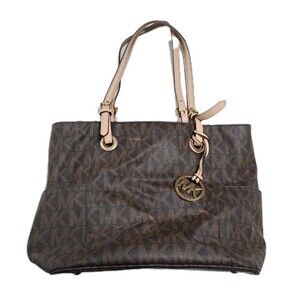 Michael Kors Jet Set Logo Signature Coated Canvas Brown Gold Tote Bag Purse